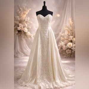Elegant Strapless Satin Wedding Gown with Lace Appliqué & Train